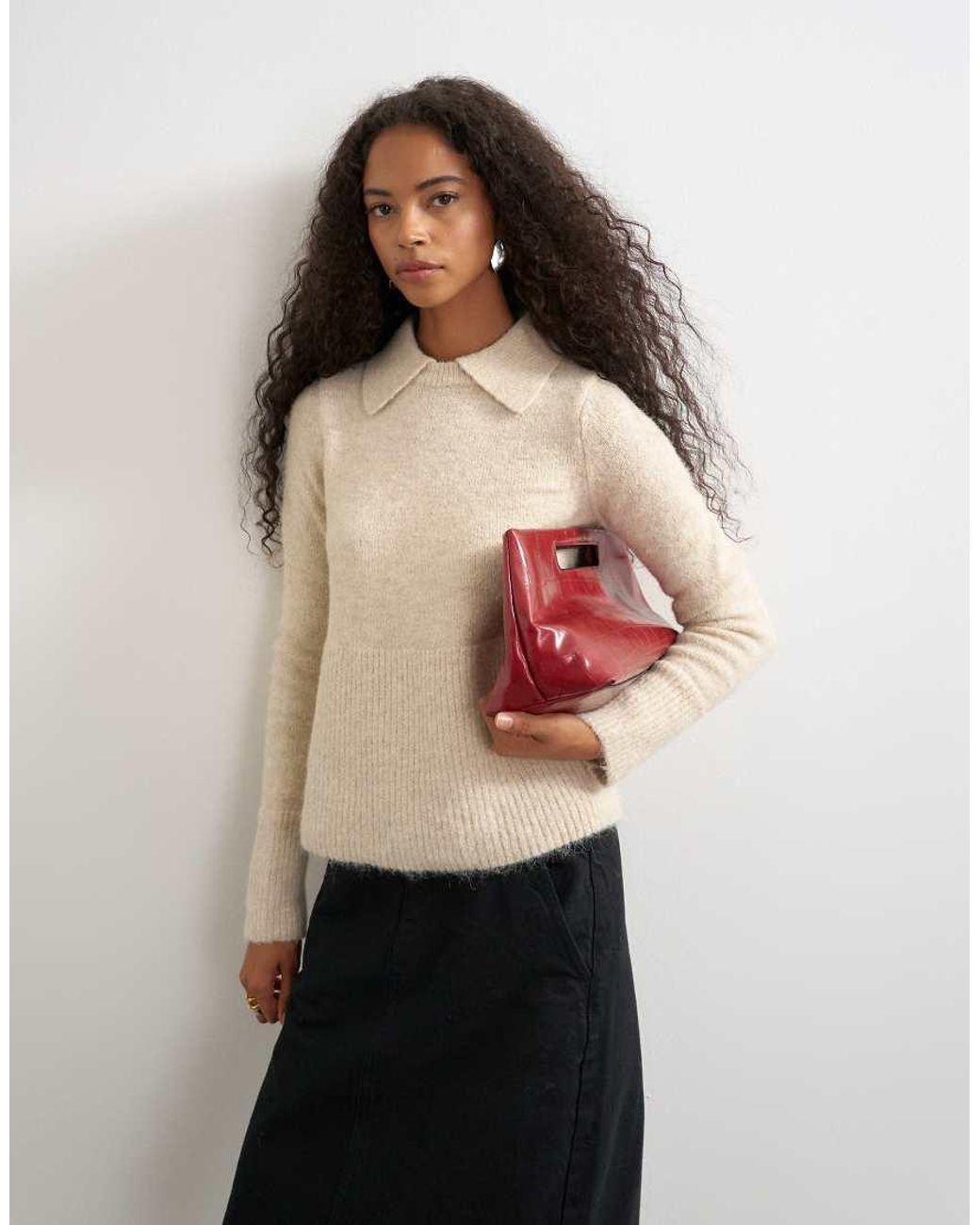 TOPSHOP Brown Knitted Peplum Polo Jumper