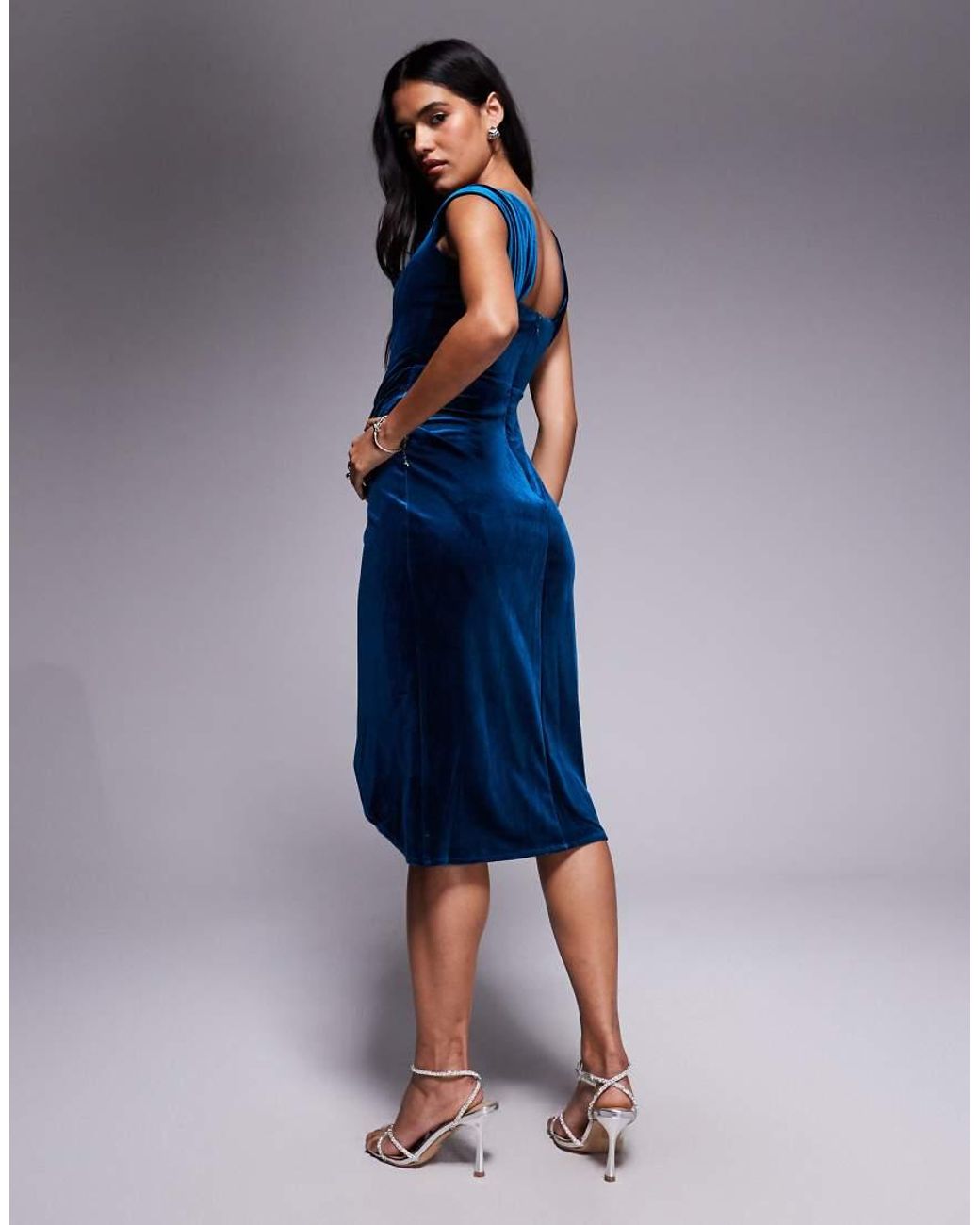 Goddiva Blue Draped Shoulder Velvet Corset Midi Dress