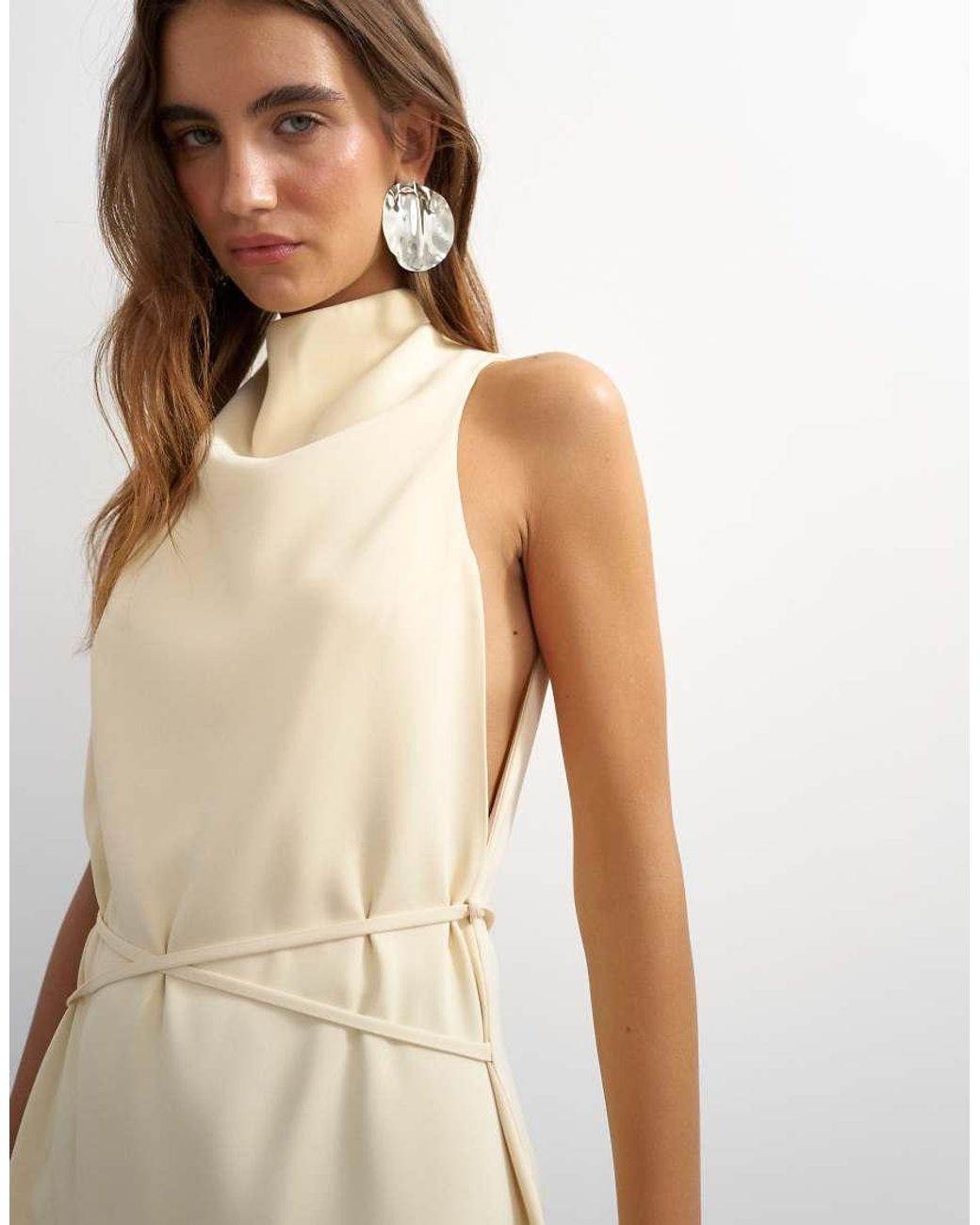 TOPSHOP White Heavy Crepe High Cowl Neck Mini Dress With Tie Waist