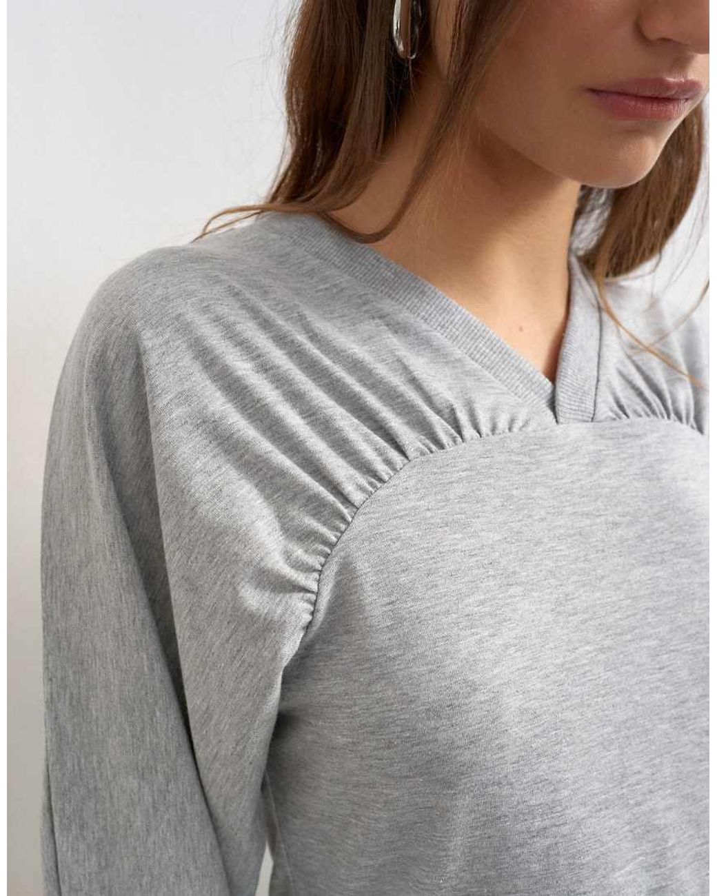 TOPSHOP Gray Gather Yoke Seam Long Sleeve Top