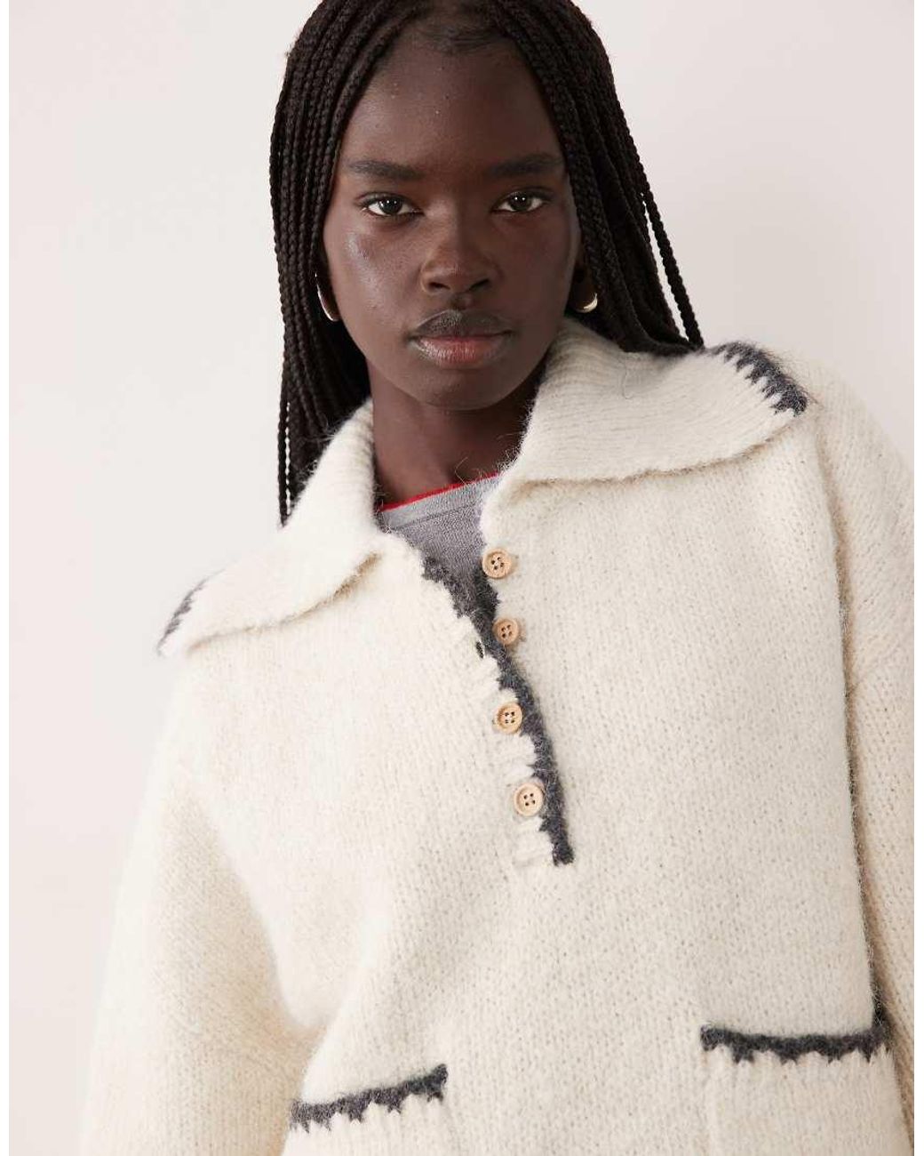 Pieces Natural Blanket Stitch Oversized Knitted Jumper