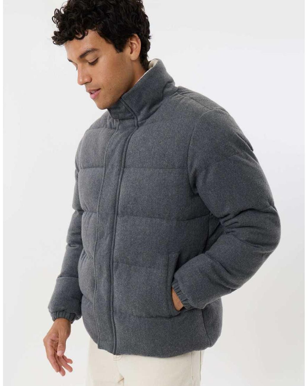 Threadbare Gray Brushed Funnel Neck Puffer Coat for men