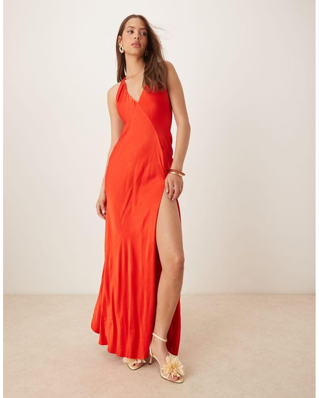 Bardot Red Halterneck Satin Maxi Dress