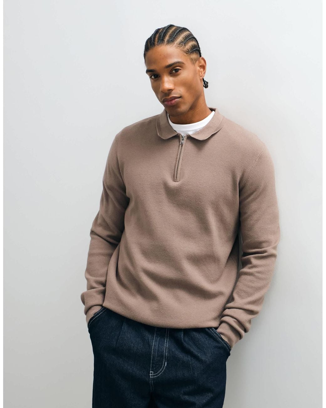 Threadbare Natural 1/4 Zip Knitted Polo for men