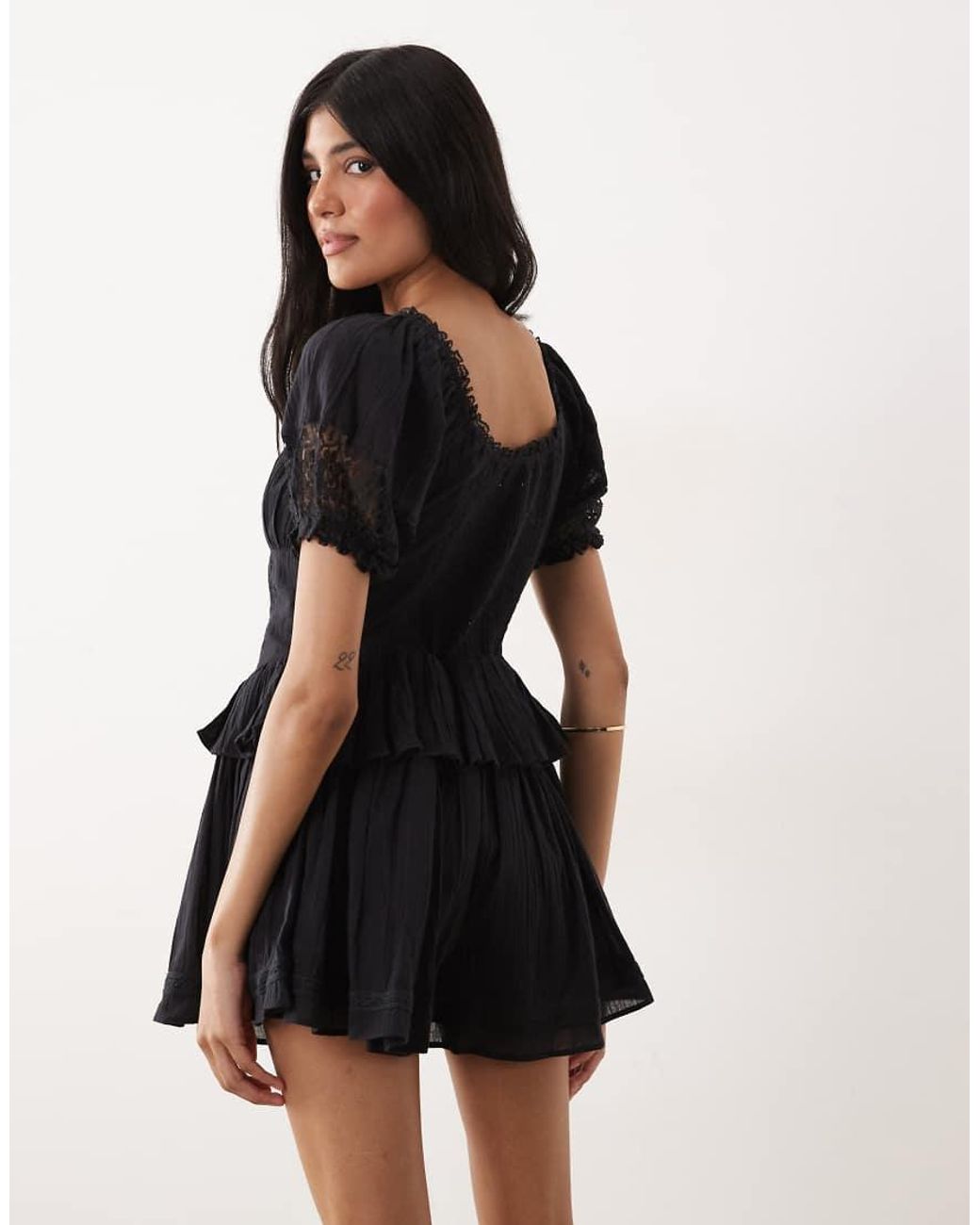 Miss Selfridge Natural Cheesecloth Lace Detail Milkmaid Playsuit
