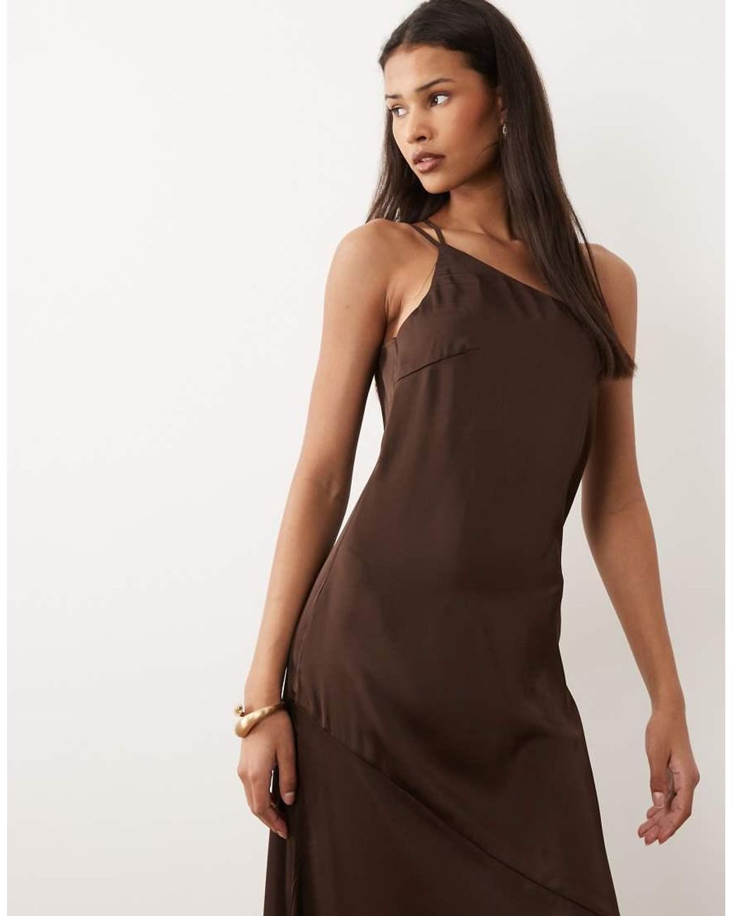 Vila Brown One Shoulder Strap Detail Satin Maxi Dress