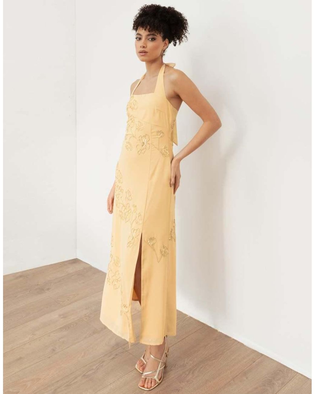 Maya Natural Floral Motif Halter Neck Midaxi Dress