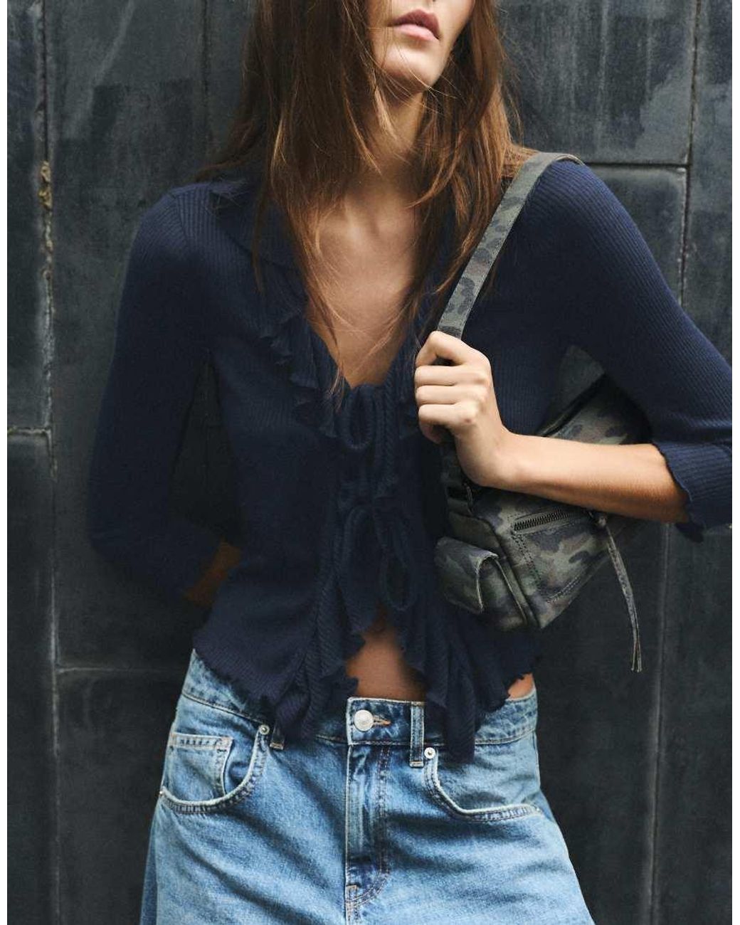 Pull&Bear Gray Long Sleeve Frill Top
