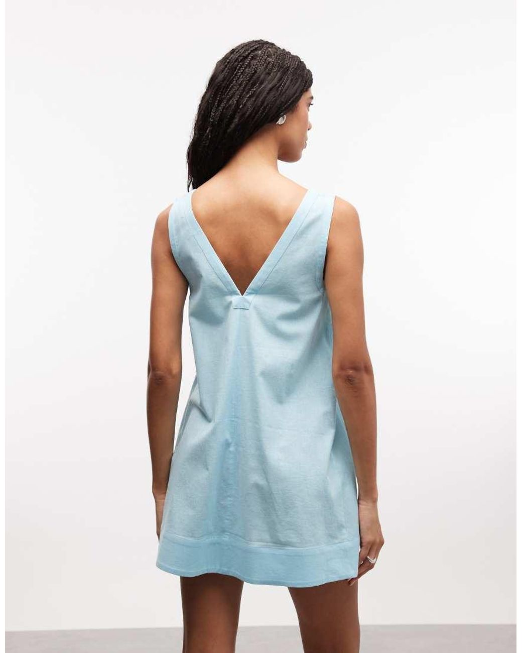 ASOS Blue Cotton Linen V Neck Smock Mini Dress