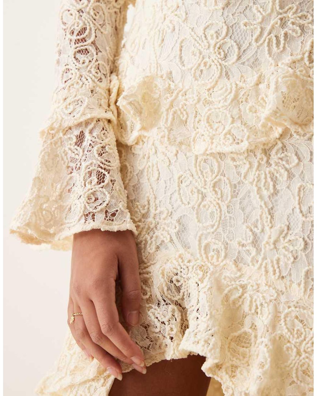 True Decadence Natural Ruffle Lace Up Maxi Dress