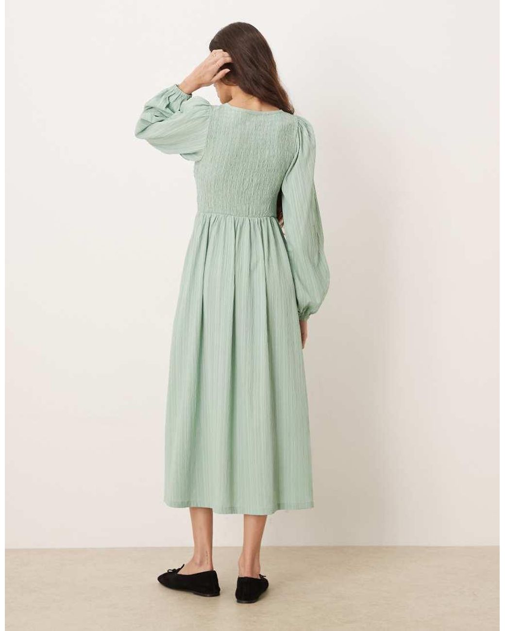 Threadbare Green Long Sleeve Crinkle Midi Dress