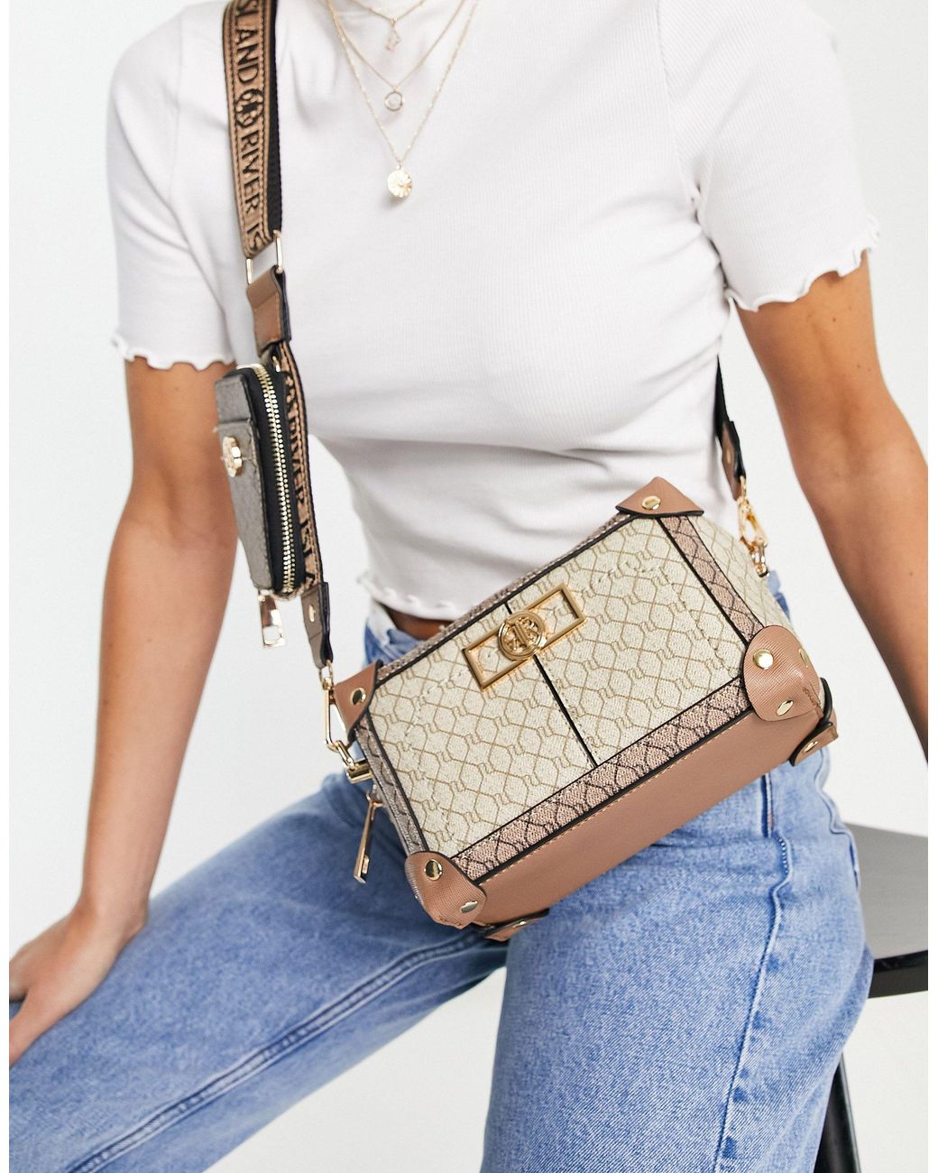 River Island Monogram Pouchette Cross Body Bag in Brown