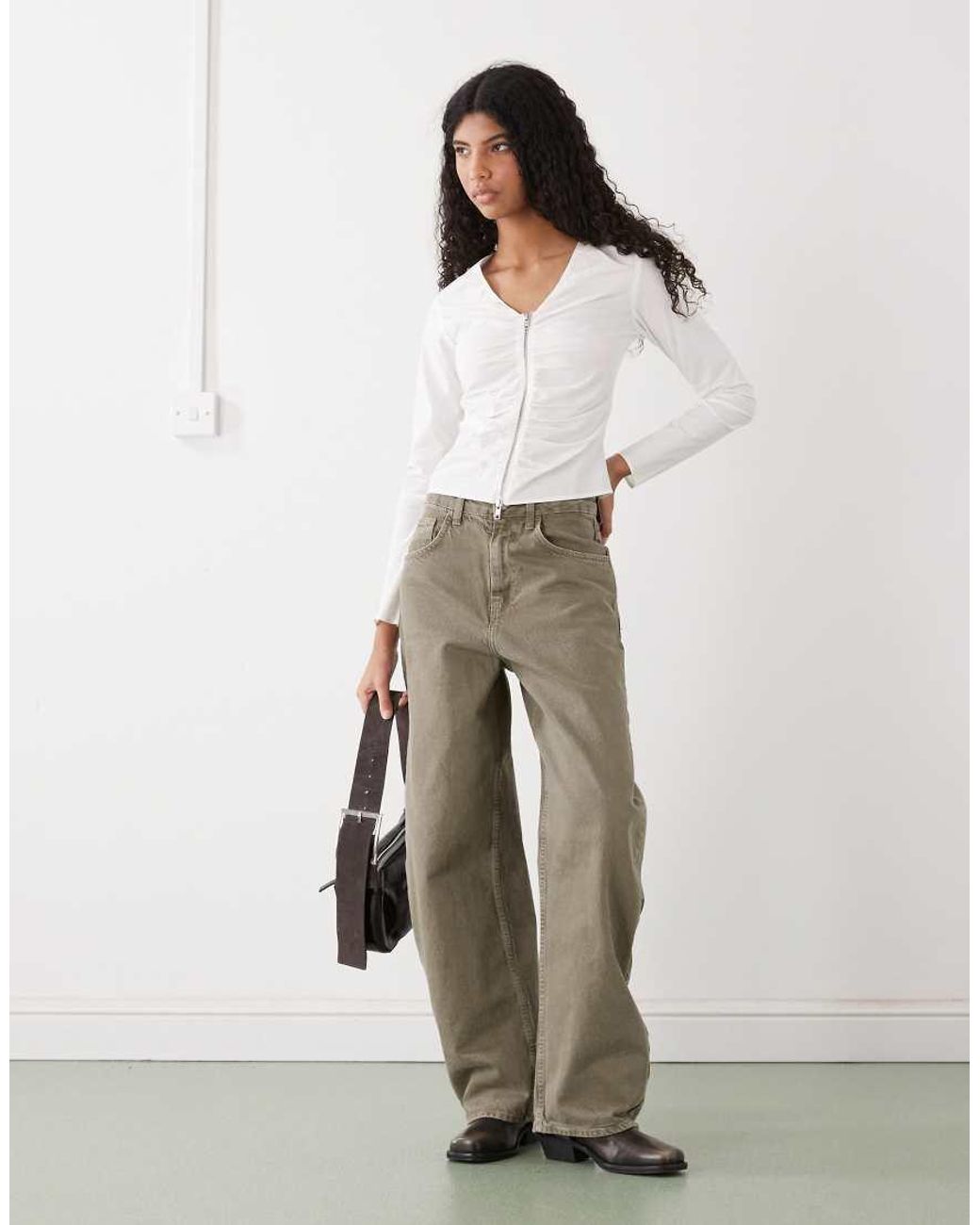 Weekday White Long Sleeve Zip Blouse With Gathered Detail