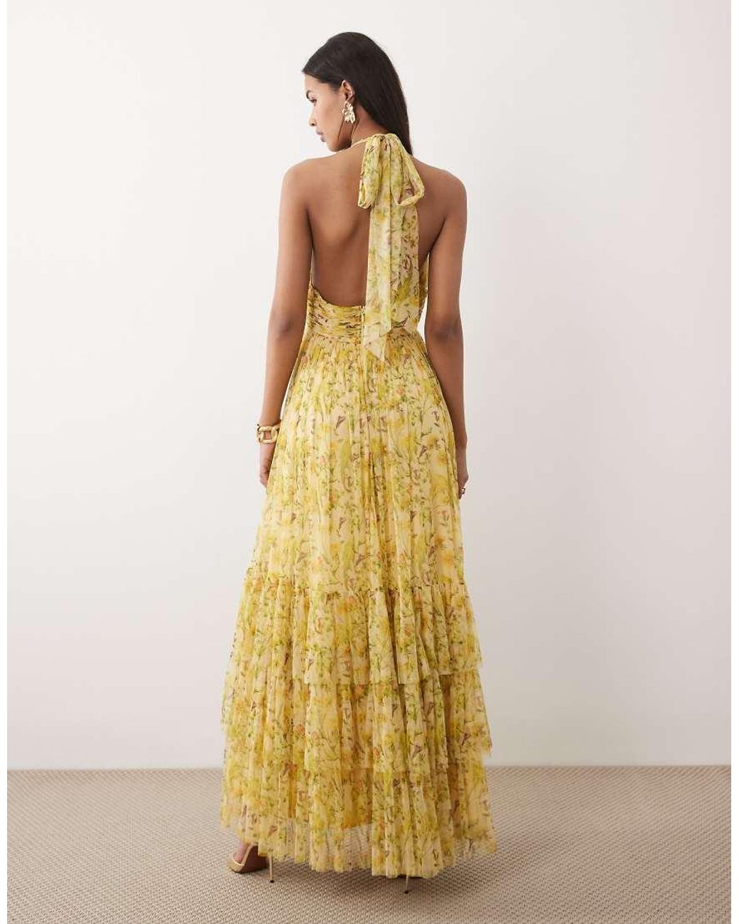 LACE & BEADS Metallic Halterneck Tiered Tulle Maxi Dress