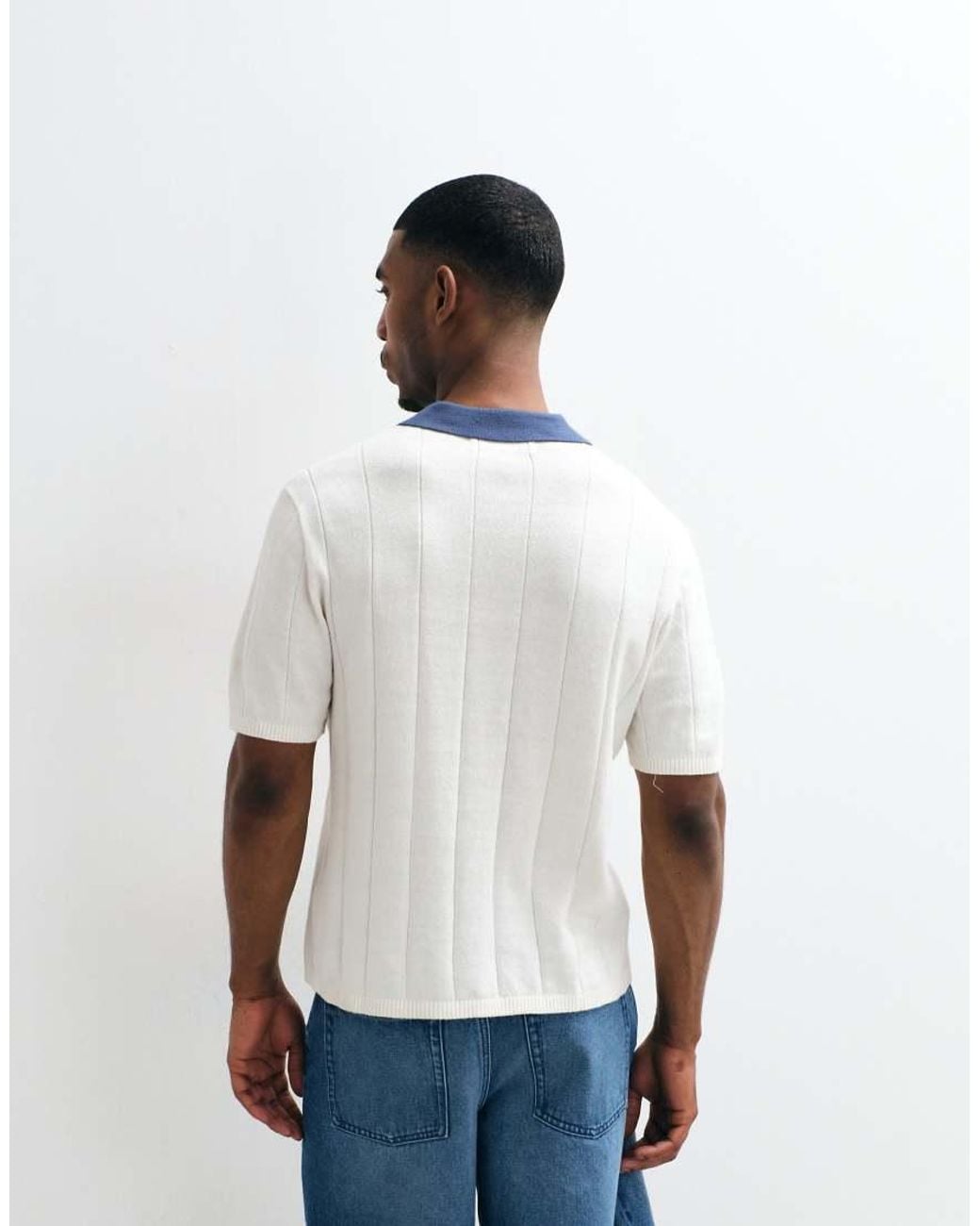 Hollister White Knitted Oversized Short Sleeve Polo With Contrast Collar for men
