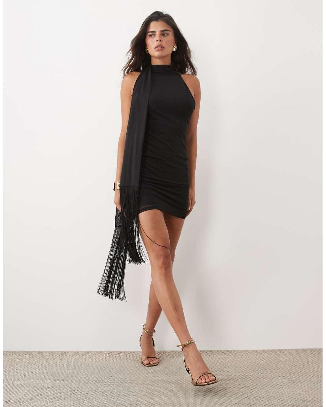 ASOS Brown Halter Mini Dress With Fringe Scarf