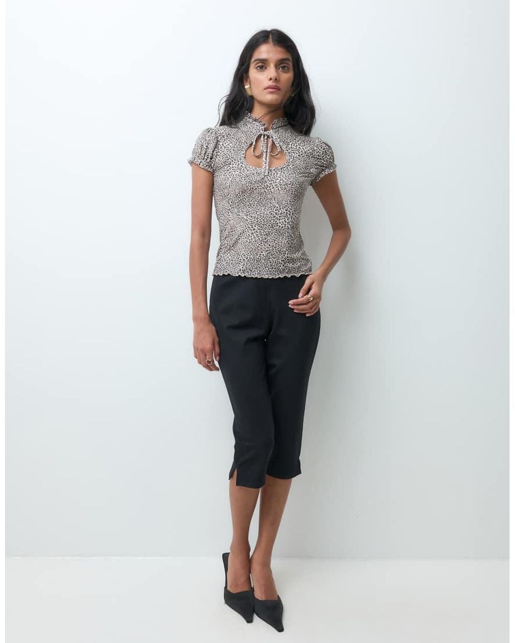 Miss Selfridge Gray Leopard Print Tie Neck Top