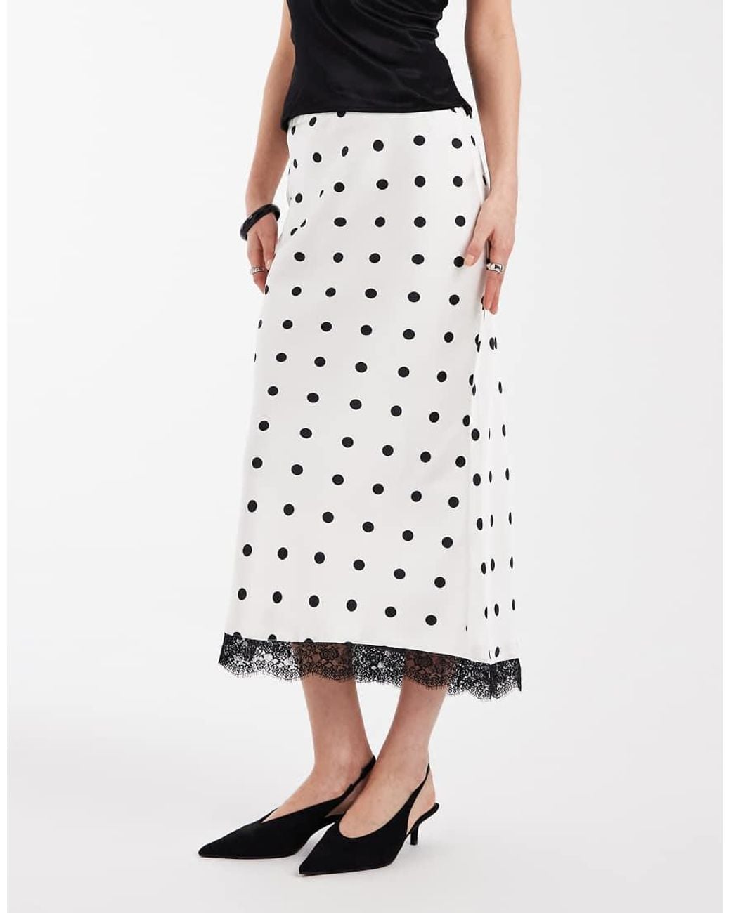 New Look White Polka Dot Lace Trim Satin Midi Skirt