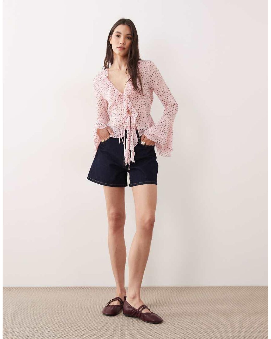 Gina Tricot Pink V-neck Ruffle Blouse