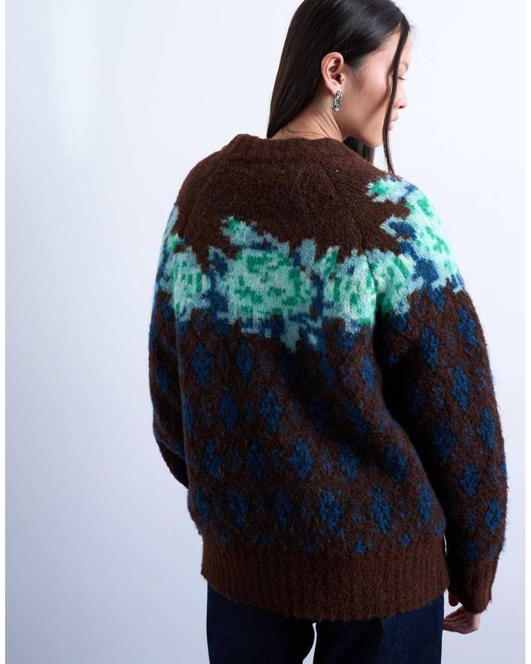 TOPSHOP Multicolor Knit Flower And Argyle Sweater