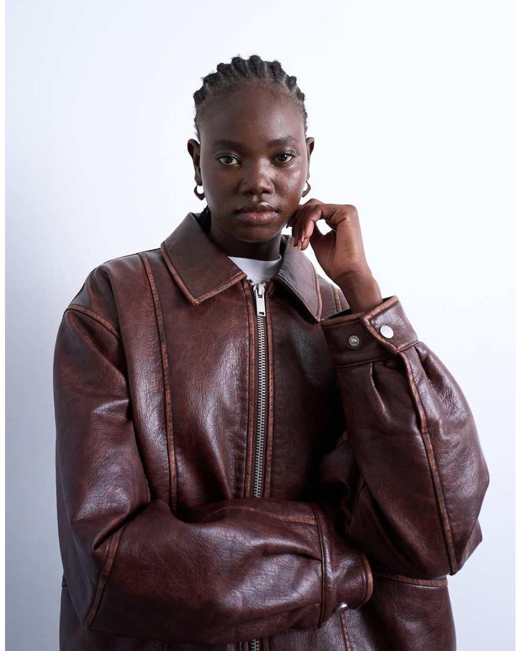 TOPSHOP Brown Super Oversized Faux Leather Contrast Heavy Wash Bomber Jacket
