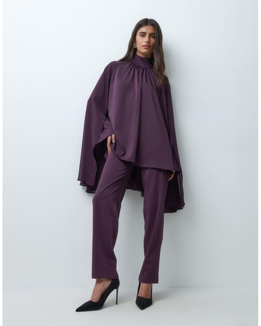 Iyal Purple Chiffon High Neck Cape Top Co-ord