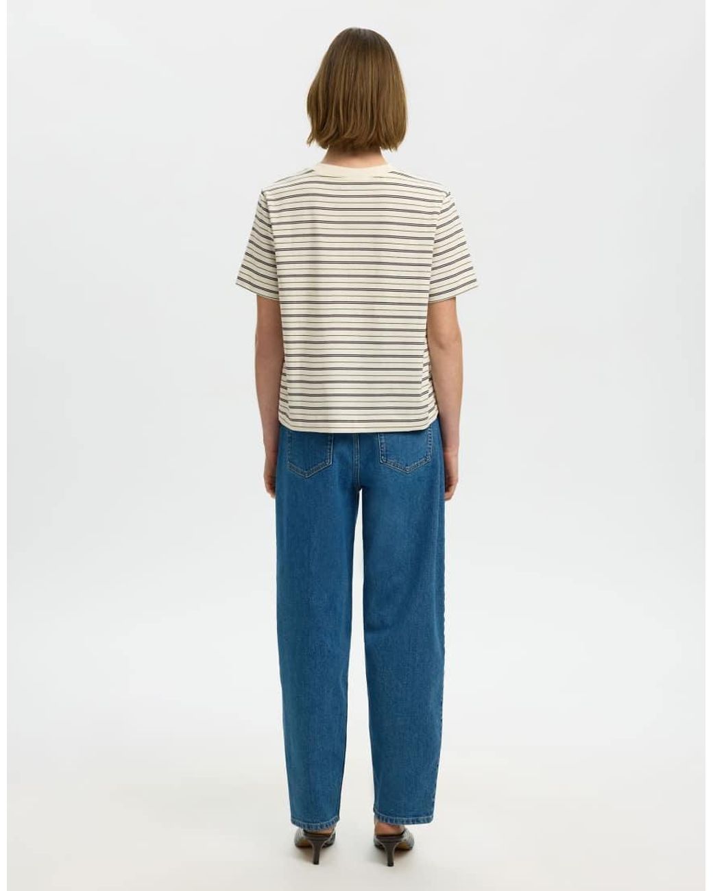 SELECTED Multicolor Essential Striped Ribbed Denim Box Fit Crew Neck Short Sleeve T-shirt