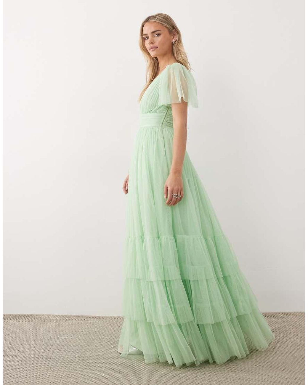 LACE & BEADS Green Bridesmaid Madison Smocked Flutter Sleeve Tiered Maxi Dress