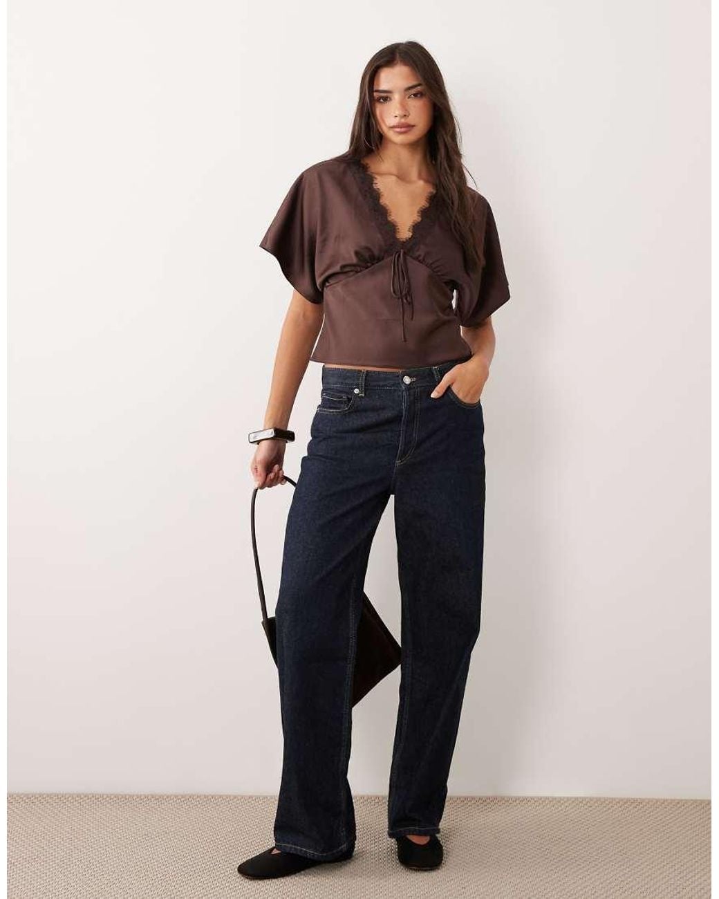 Miss Selfridge Multicolor Satin And Lace Batwing Top