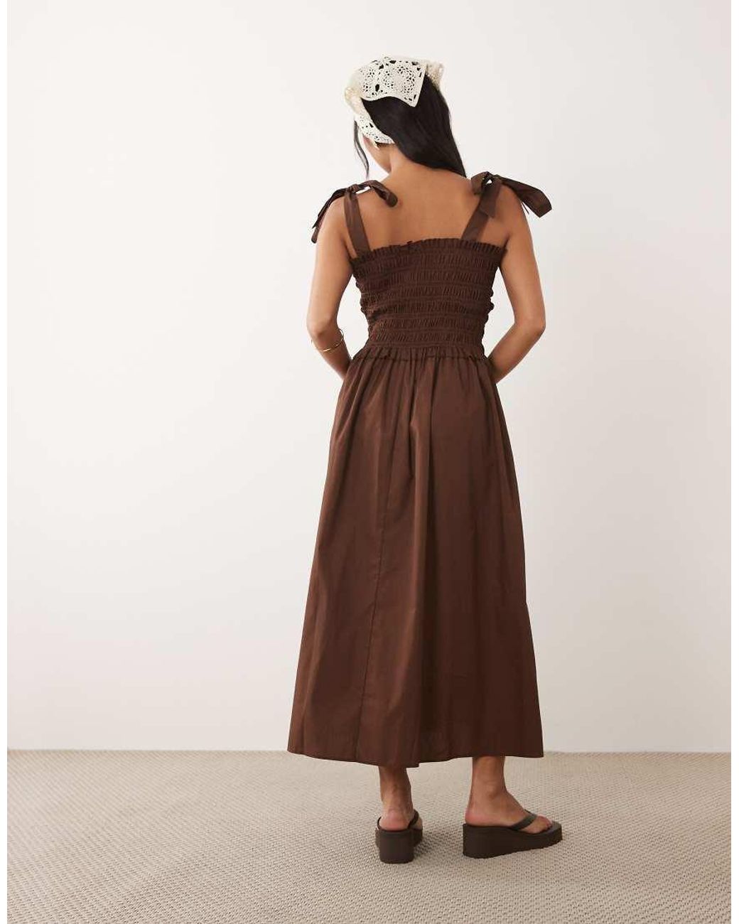New Look Brown Shirred Tie Strap Midi Dress