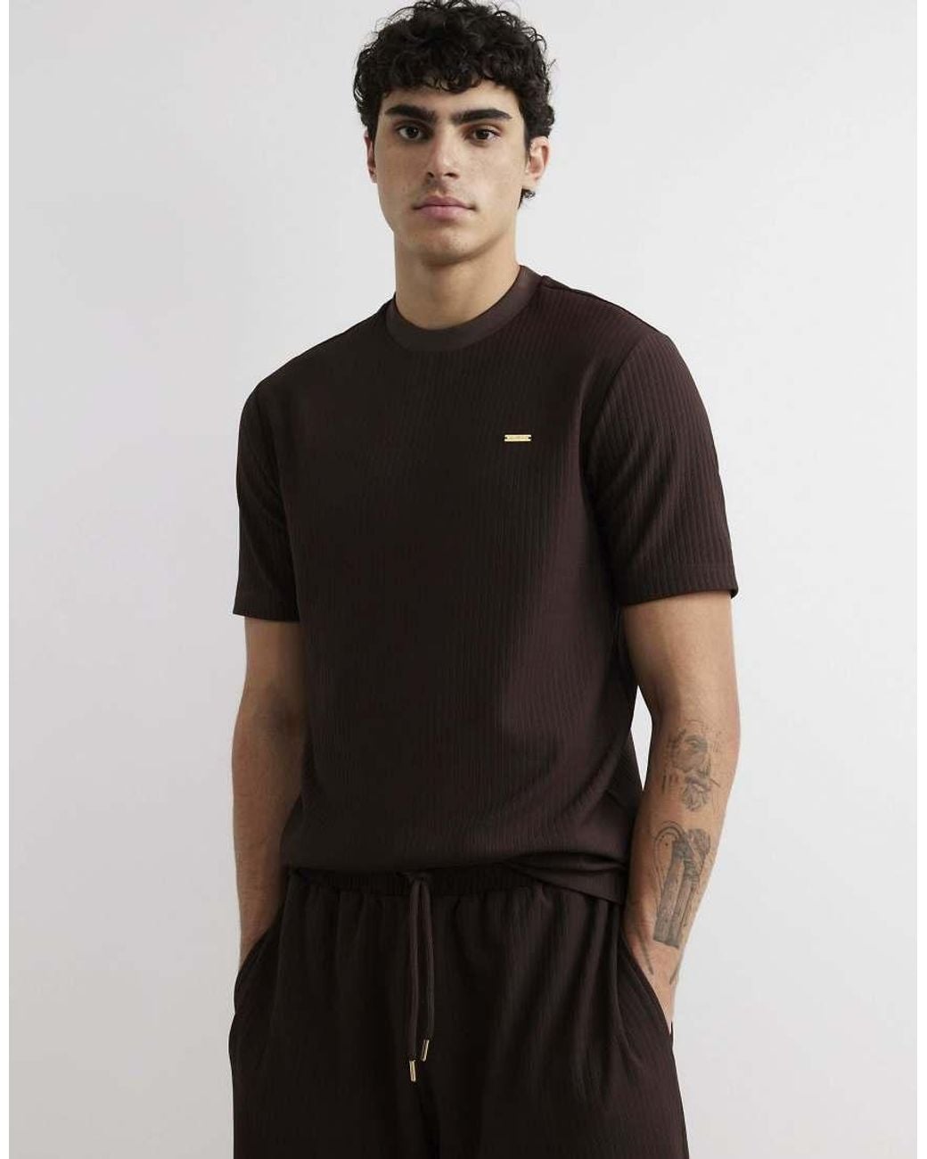 River Island Black Cotton Vertical Textured T-Shirt for men