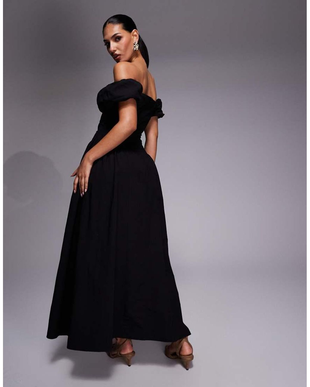 Kaiia Blue Exclusive Cotton Milkmaid Puff Sleeve Hip Pleat Detail Maxi Dress