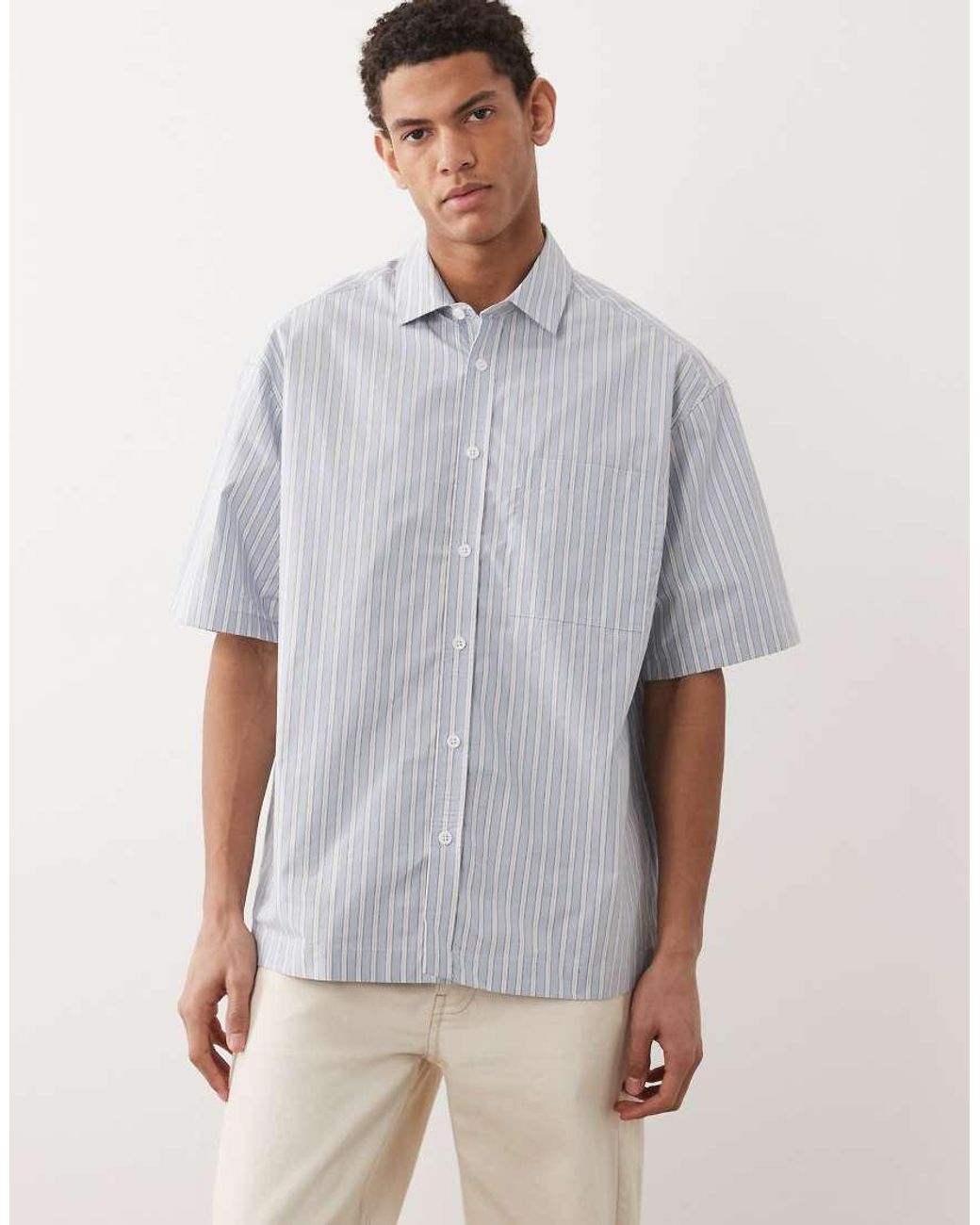 ASOS Gray Oversized Stripe Shirt With Chest Pocket for men