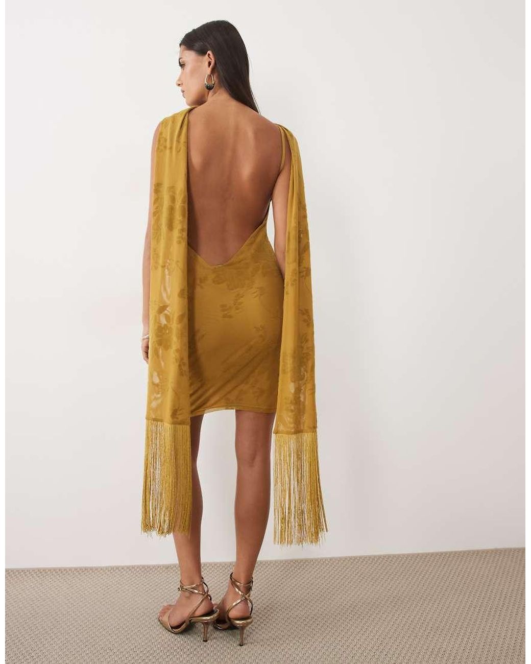 ASOS Brown Flocked Floral Mini Dress With Fringe Scarf Detail
