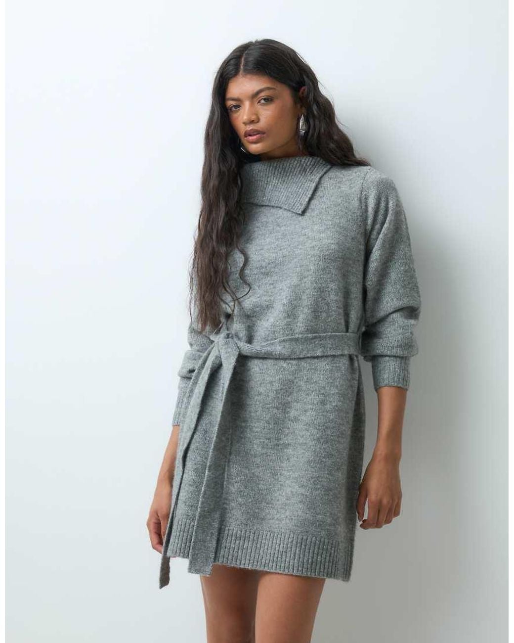 Vero Moda Blue Long Sleeve Split Neck Knitted Mini Dress With Tie Waist