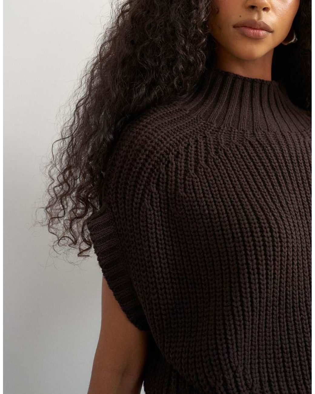 TOPSHOP Brown Knitted Slouchy Short Sleeve Ribbed Top With Wool