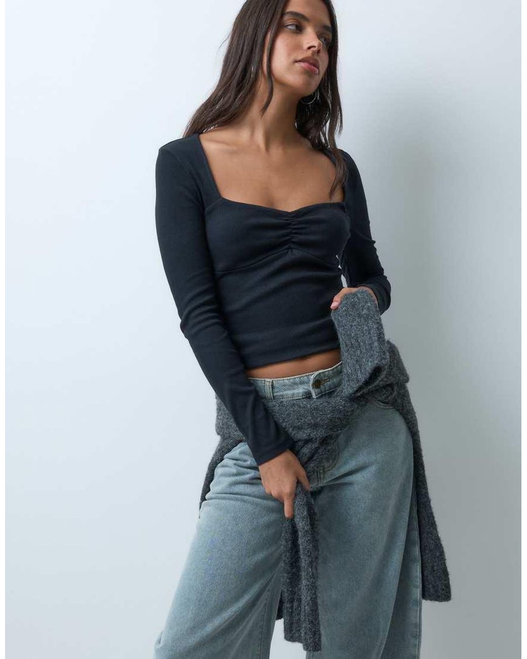 ASOS Blue Rib Sweetheart Neckline Long Sleeve Top