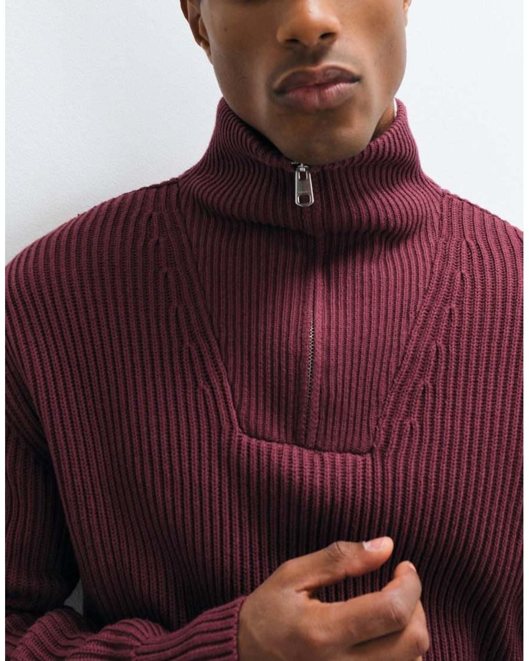 SELECTED Red 100% Cotton High Neck 1/4 Zip Knitted Sweater for men