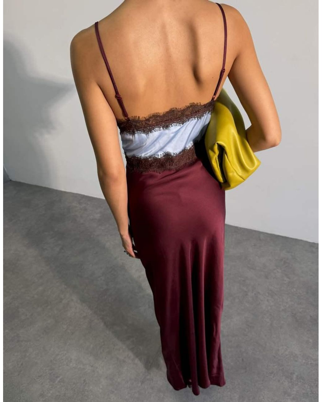 Never Fully Dressed Gray Satin Bias Cami Two Tone Lace Detail Maxi Dress