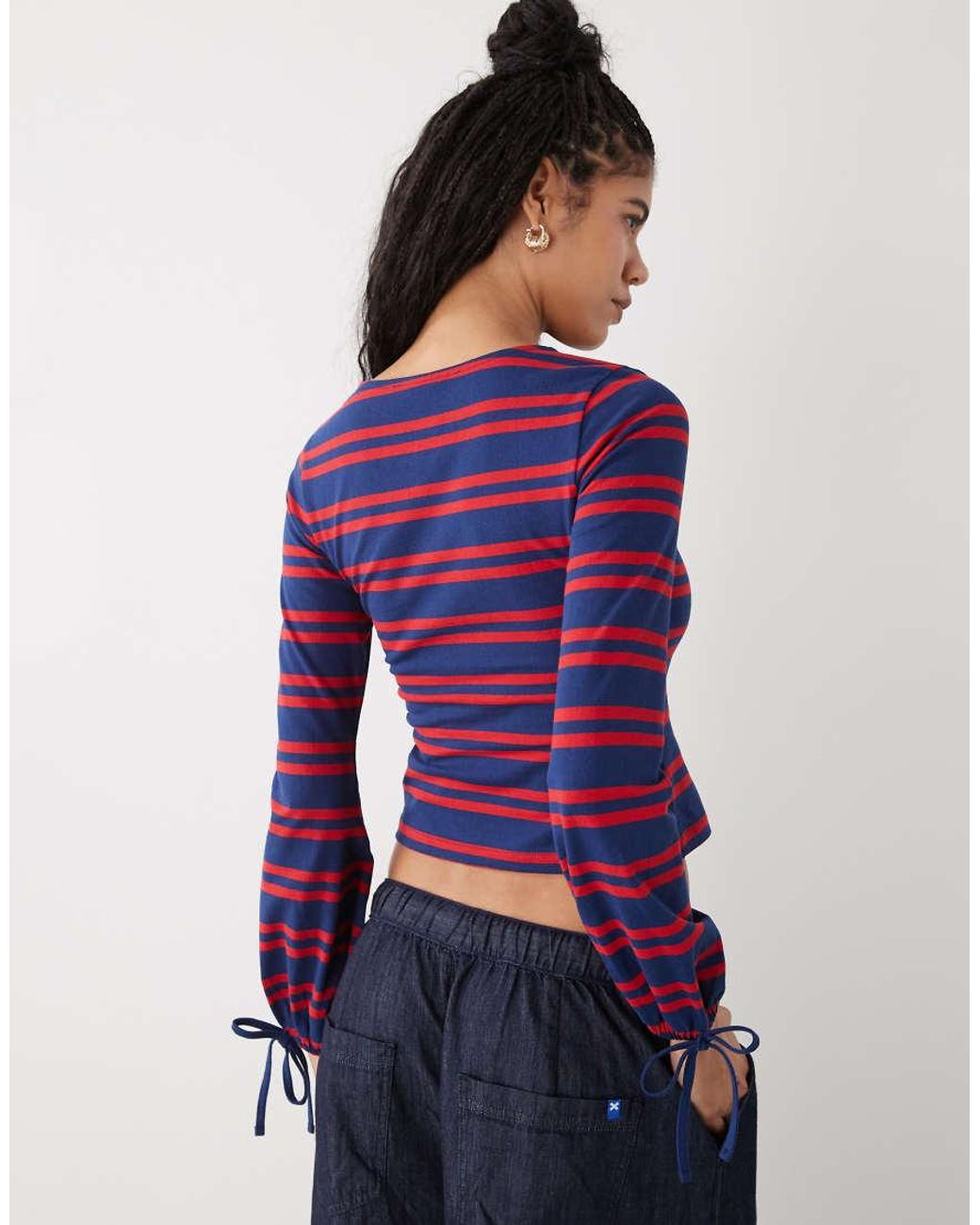 Reclaimed Vintage Blue Balloon Sleeve Top With Tie Cuff Detail