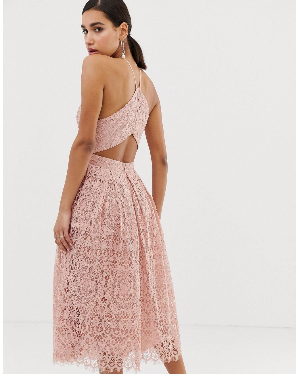 ASOS Lace Midi Dress With Pinny Bodice in Pink | Lyst UK