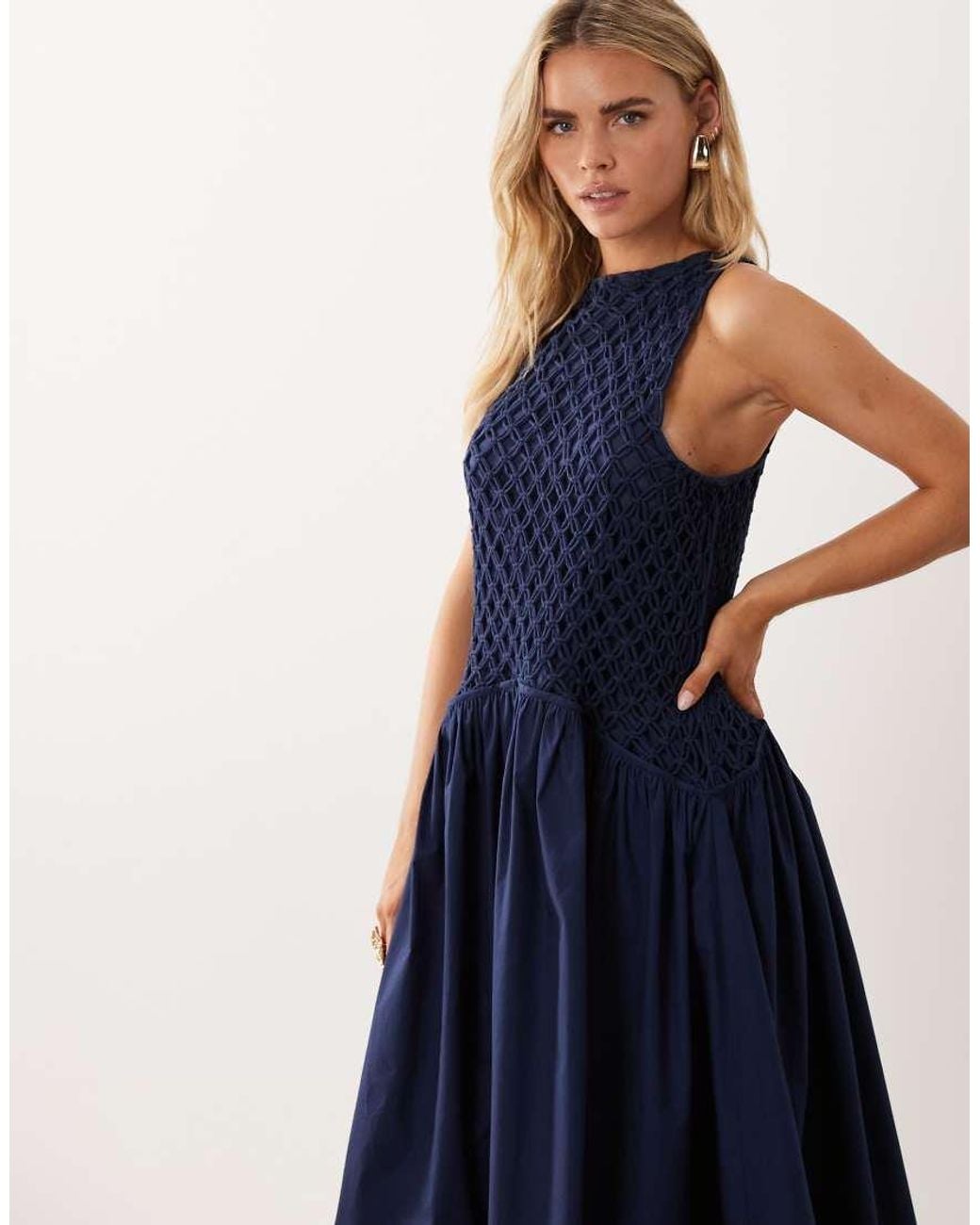 ASOS Blue Asos Design Petite Macrame Dropped Waist Maxi Dress With Poplin Skirt
