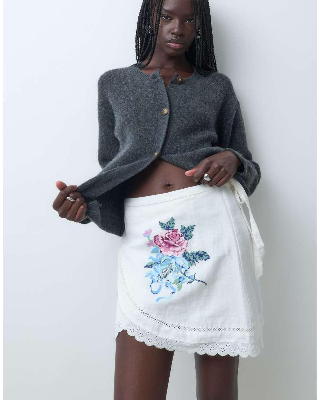 Muse Assembly Blue Etta Embroidered Wrap Front Mini Skirt Set