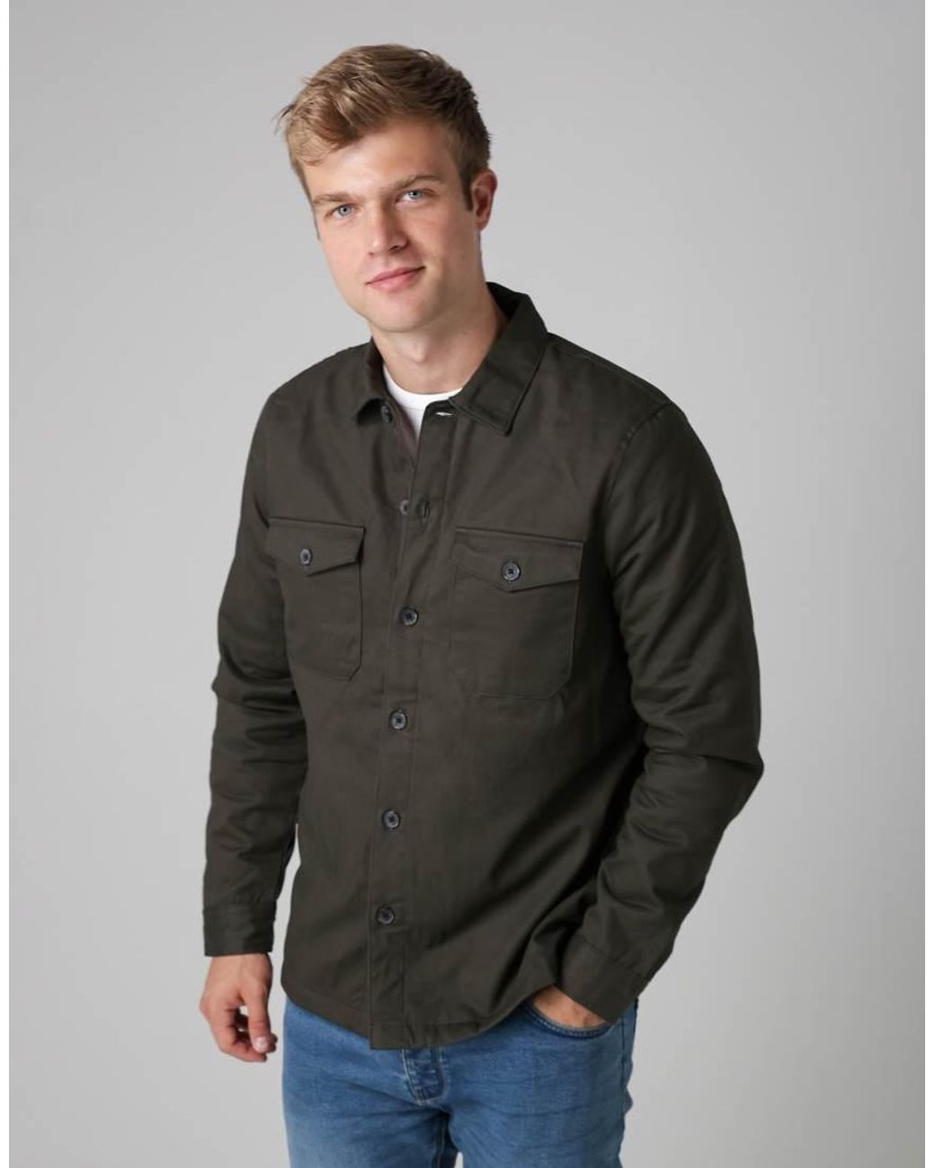 French Connection Brown Cotton Worker-Style Button Overshirt for men