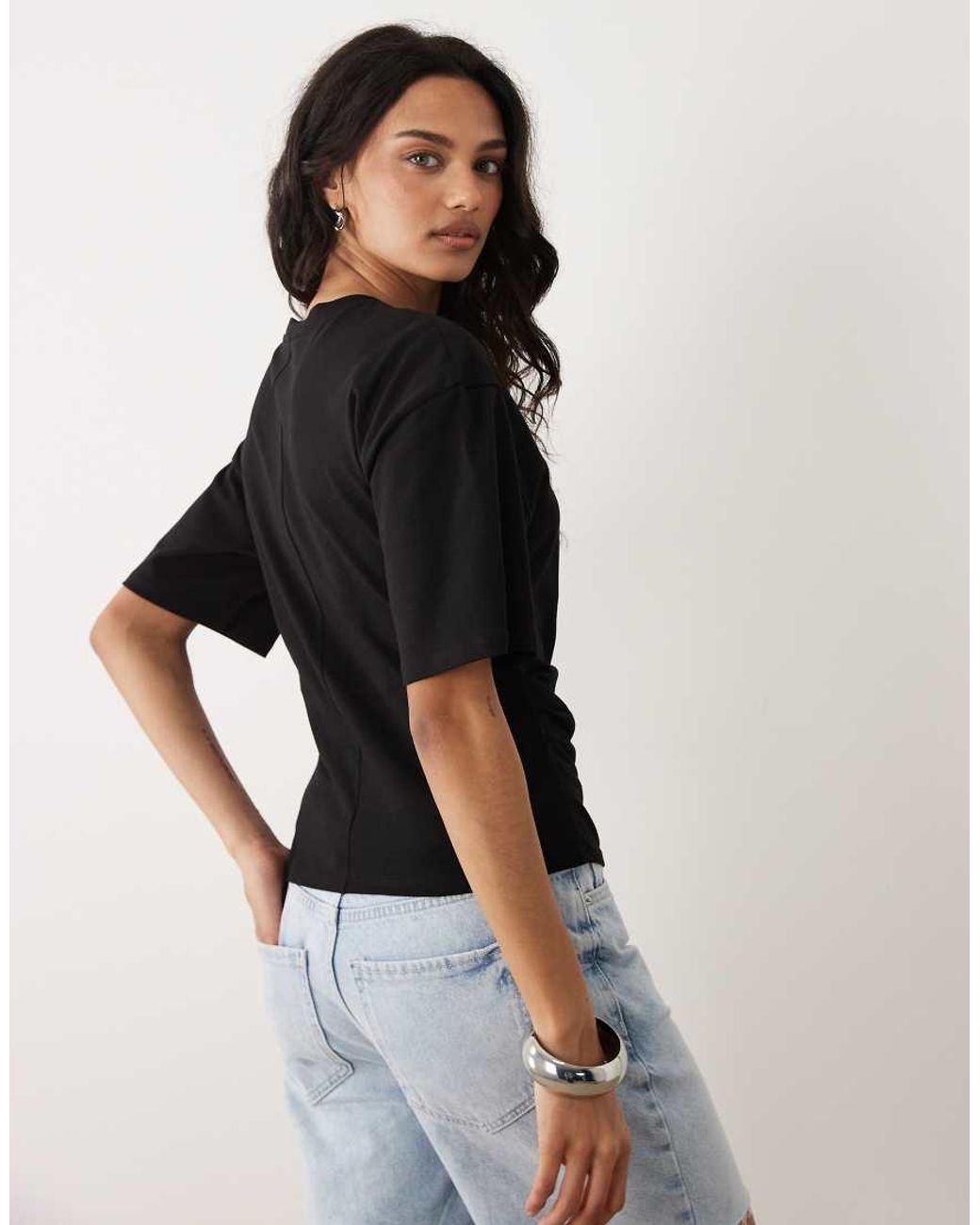 Mango Black 100% Cotton Ruched Side T-shirt