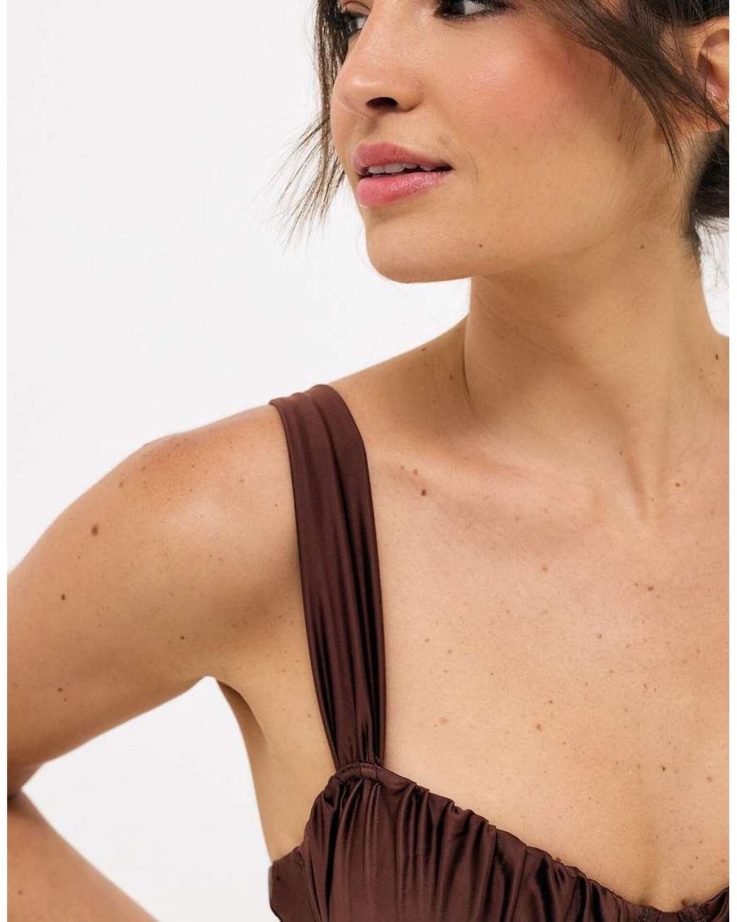 NA-KD Brown Shiny Wide Strap Swimsuit