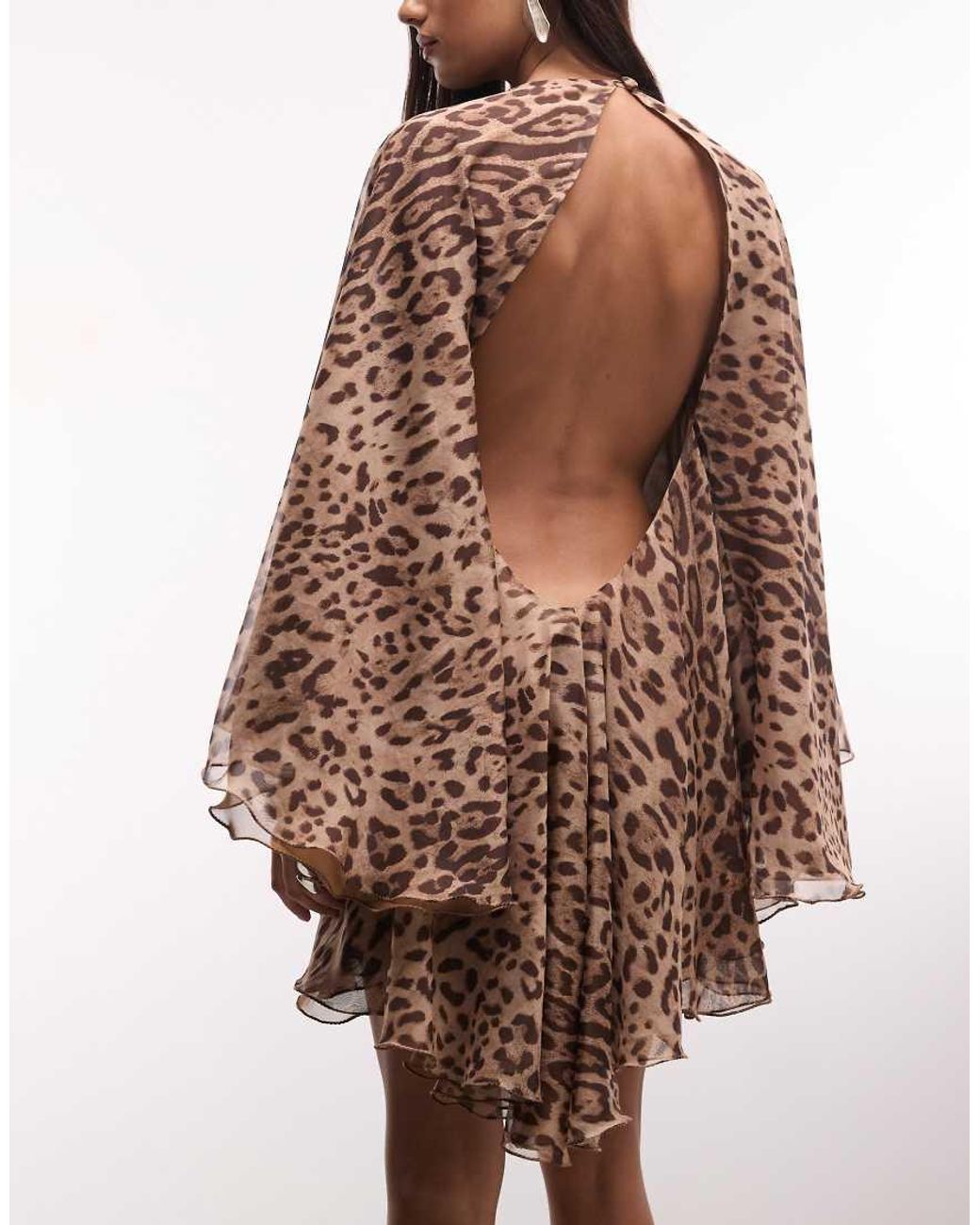The Dolls House Brown Premium Chiffon Wide Bell Sleeve Deep Plunge Neck Mini Dress