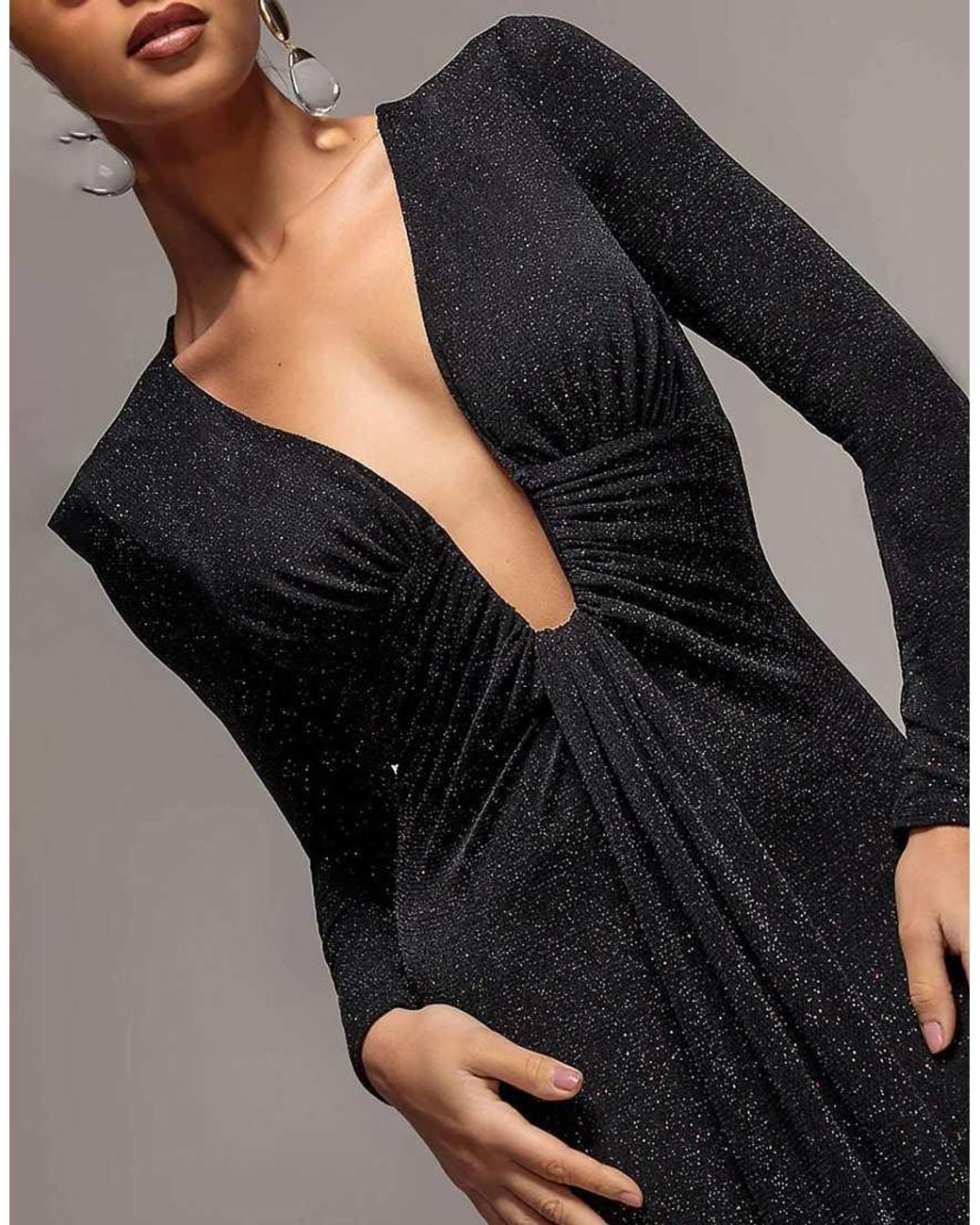 Goddiva Gray Plunge Neck Long Sleeve Front Draped Sparkling Maxi Dress