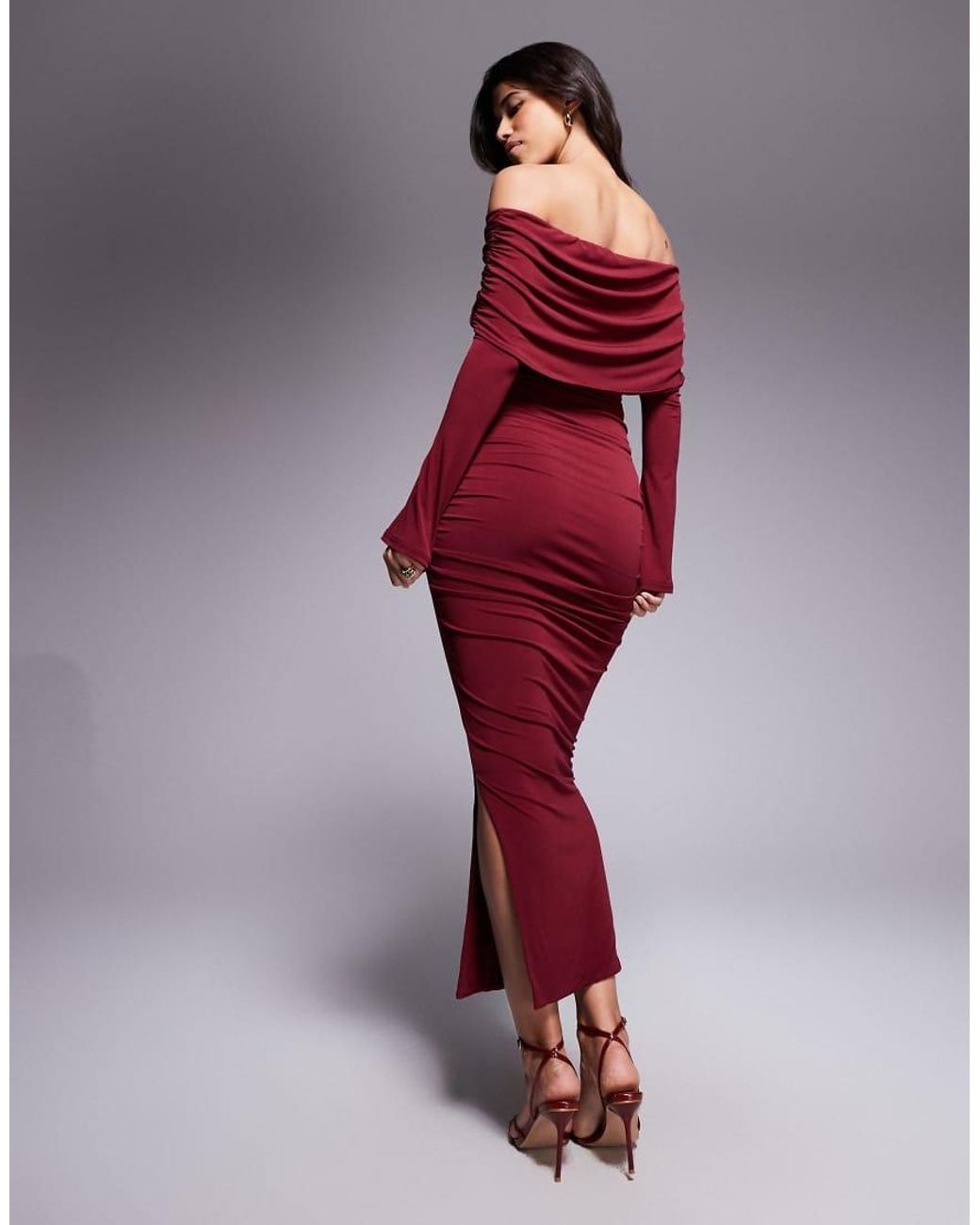 Ruched & Ready Red Sculpted Off Shoulder Gold Hardware Ruched Detail Bodycon Maxi Dress
