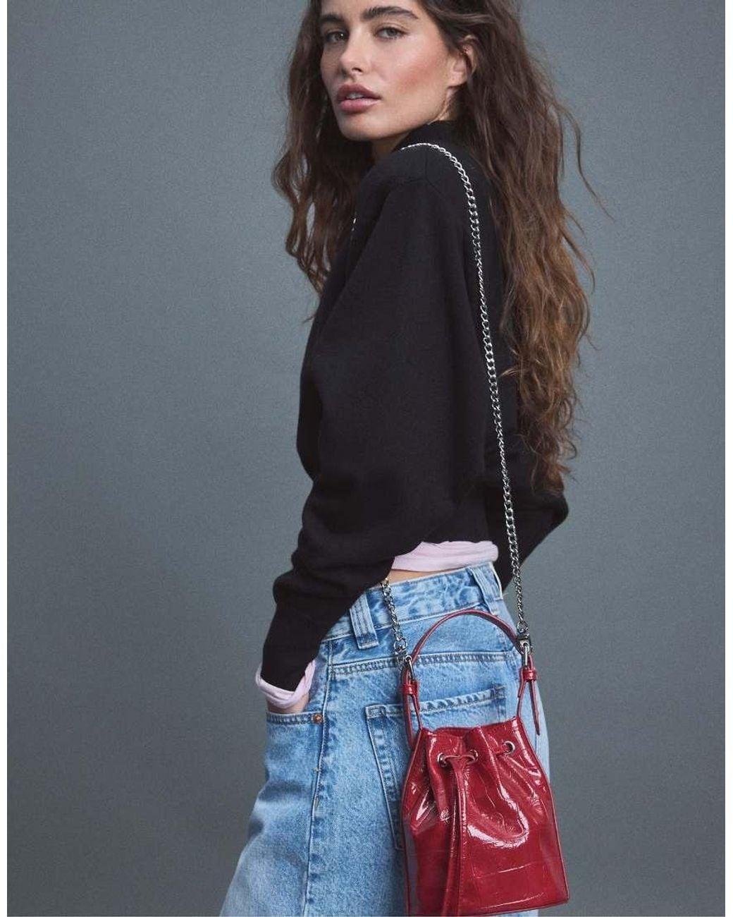 Stradivarius Red Mock-Croc Bucket Bag